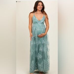Elegant Mint Green Lace Ooverlay Maternity Maxi Dress